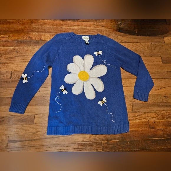 The Quacker Factory Daisy & Bumblebee Blue Blend Knitted Sweater Size Medium - Picture 1 of 5